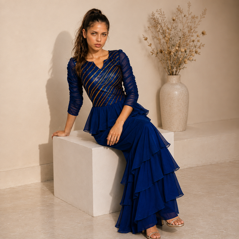 Royal Blue Georgette Peplum Sharara Set
