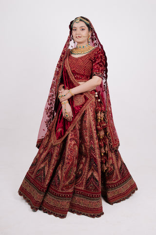 MAROON VELVET BRIDAL LEHENGA SET