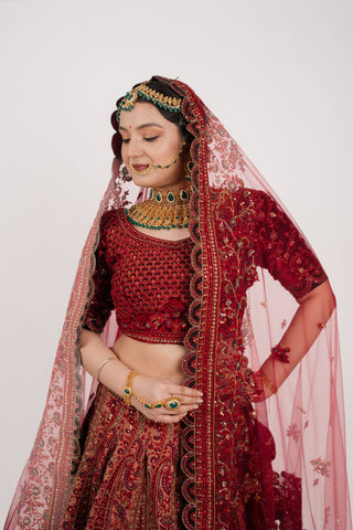 MAROON VELVET BRIDAL LEHENGA SET