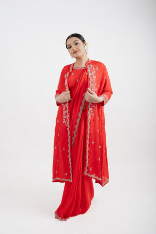 CHERRY RED CREPE SAREE SET