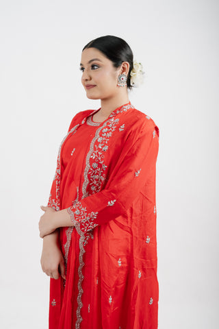 CHERRY RED CREPE SAREE SET