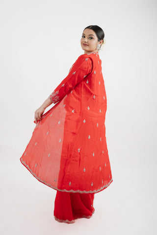 CHERRY RED CREPE SAREE SET