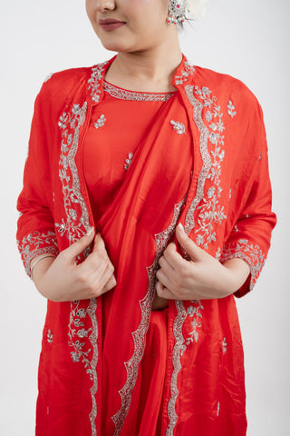 CHERRY RED CREPE SAREE SET