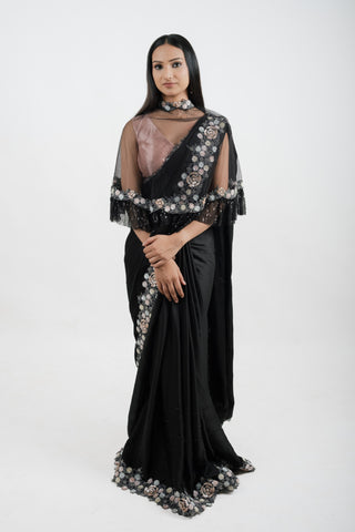 BLACK ITALIAN SILK SAREE SET