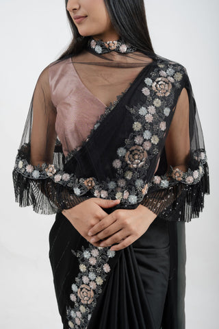 BLACK ITALIAN SILK SAREE SET
