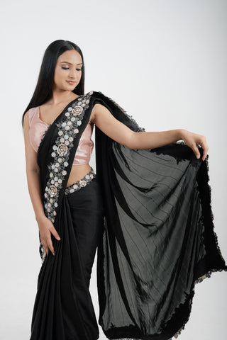 BLACK ITALIAN SILK SAREE SET