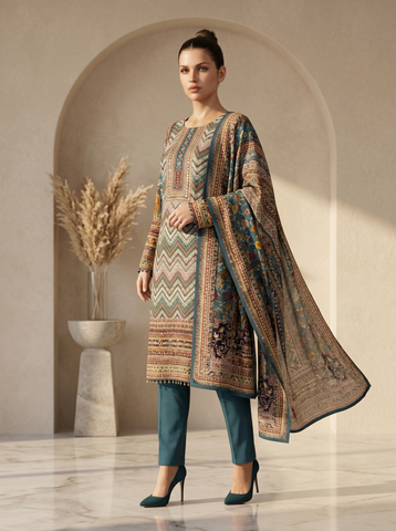 Royal Teal Chevron Printed Ethnic Suit Set