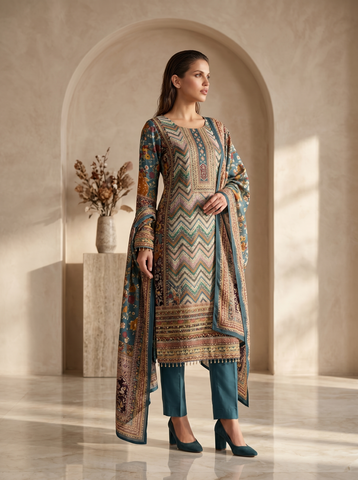 Royal Teal Chevron Printed Ethnic Suit Set