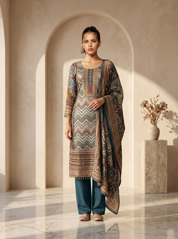 Royal Teal Chevron Printed Ethnic Suit Set