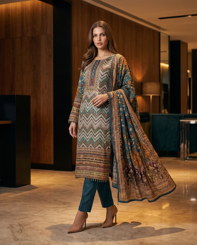 Royal Teal Chevron Printed Ethnic Suit Set
