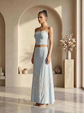 Sky Bloom Embroidered Co-Ord Skirt Set