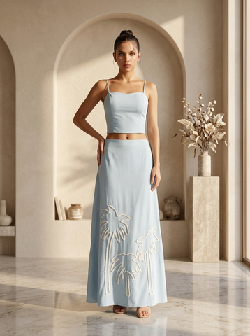 Sky Bloom Embroidered Co-Ord Skirt Set