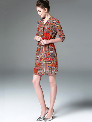 Ladies Vintage Print Stitching Slim Shirt Dress